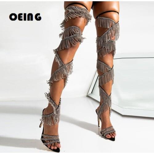 Women Bling Crystal Fringe Sexy Sandals for Women Pointed Open Toe Rhinestone Strap Cross High Heel Sandals Wedding Dress Shoes