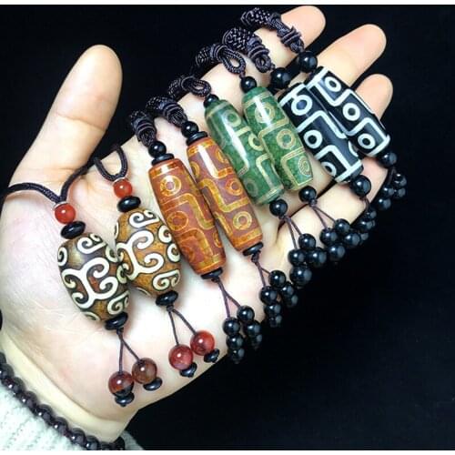 Natural agate Nine-Eyed Three-Eyed Dzi Pendant Sweater chain pendant National style hanging chain Tibetan agate necklace