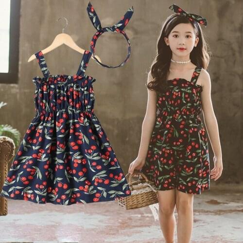 Childrens Dresses New 2019 Flowers Cherry Girls Cotton Dresses Baby Princess Dress Toddler Print Sling Dress,#5254