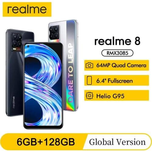 Global Version realme 8 6.4"FHD+ AMOLED Display 6GB 128GB 64MP Quad Camera Helio G95 5000mAh Battery 30W Charge NFC Mobile Phone