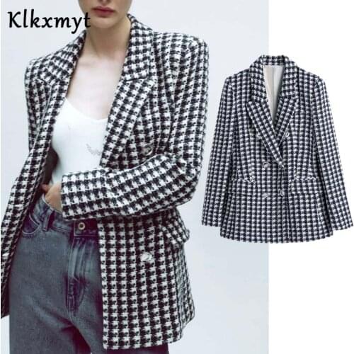 Klkxmyt Za 2021 Women Fashion Double Breasted Casual Tweed Blazer Coat Office Ladies Pockets Vintage Outwear Suit Chic Tops