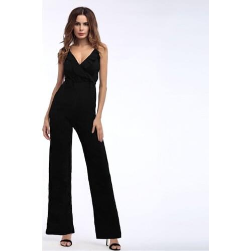 New Fashion summer jumpsuit women V Neck romper bodysuit solid Chiffon jumpsuits new femlae clothes black overalls