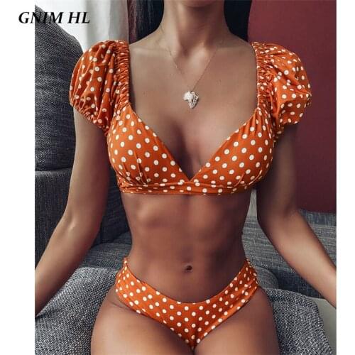 GNIM High Waist Dot Bikini Swimwear Women Two Piece V Neck Swimsuit 2020 Halter Bandage Swimming Suit For Women High Cut Biquini