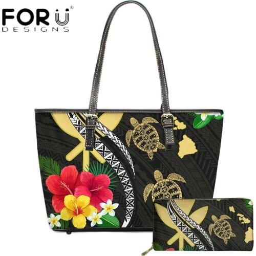 FORUDESIGNS Fashion Luxury Women Handbag And Purse Set Hawaii Plumeria With Turtle Printing Casual Leather Ladies Shoulder Sac