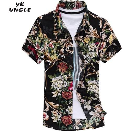 YK UNCLE Brand Clothing 2017 Summer New Short Sleeve Shirt Men Floral Shirt 100% Mercerized Cotton Casual Social Shirt Men M-7XL