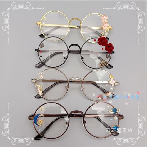Handmade Lolita Eyeglass Frame Harajuku Round Glasses Black Silver Bronze Golden Rose Sakura Star Moon Fairy Rabbit Fashion