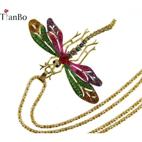 TianBo New Fashion Cute Crystal Dragonfly Sweater Necklace Vintage Collar Statement Necklaces For Women Accessory Fine Jewerly
