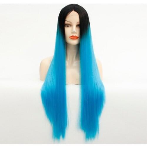 Lace Front Wig 24 Inches Ombre Blue Dark Roots Long Straight Natural Hand Tied Silky and Soft Heat Resistant Synthetic Lace Wig