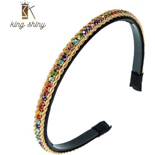 King Shiny Elegant Twist Gold Color Chain Headband Luxury Multi Color Rhinestone Beaded Hairband Girl Party Hair Accessory Bezel