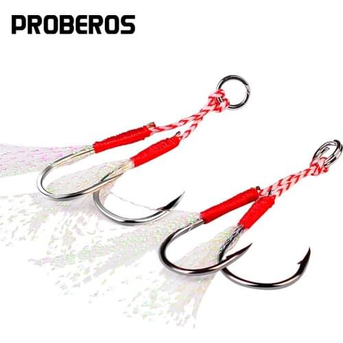PROBEROS 50pcs Fishing Hooks Size 7-9-11-13-15# Metal Slow Jigging Barbed Hooks Assist Fishing Jig Hooks With PE Line Feather