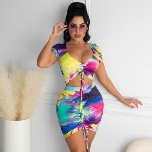 RMSFE 2021 Womens Casual Tie Dye V-Neck Short Sleeve Drawstring Open Navel Top Short Skirt Suit Two Piece Dress Set