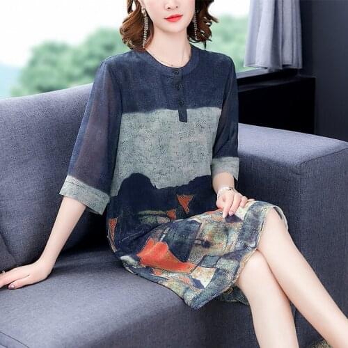 Silk dress female 2021 summer new fashion retro slim printed dress large size XL-5XL high quality elegant vestidos