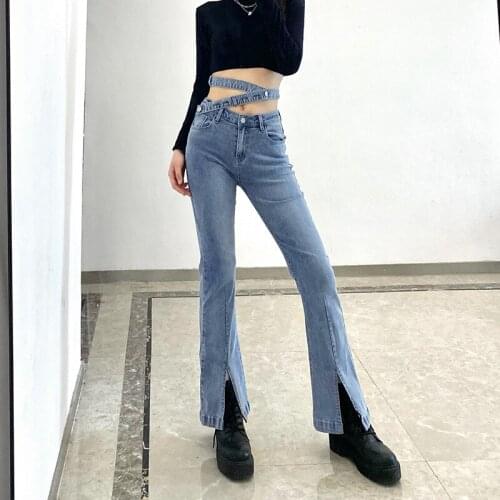 Streetwear Elastic Denim Flare Pants Woman Low Waist Vintage Blue Split Jeans Woman Korean Chic Bell Bottom Jeans Female