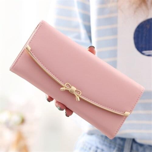 Long Bow Three Fold Women Wallets Hasp Solid Color Coin Purses Female Metal Edge Multifunction Card Holder Clutch Phone Bag