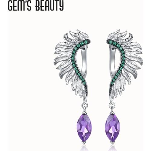 Gems Beauty 925 Sterling Silver Hot Sale Statement Drop Earrings For Women Fashion Vintage Feather Amethyst Dangle Earrings