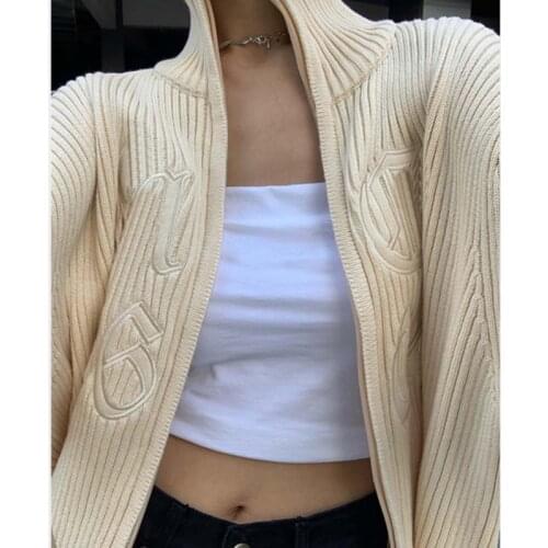 Women zipper Beige Knitted Ribbed 2021 Cardigan Long Sleeve Sweater Autumn Winter Knitted LooseJumper Casual кардиган женский