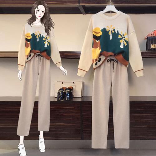 Plus Size Womens 100kg Autumn Suit Womens Slim Knit Sweater Sweater Loose Casual Pants Two-piece Suit