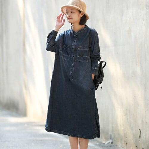 Women Loose Denim Dress Ladies Vintage Spring Autumn Denim Dresses Female 2020 Bleached Washed Denim Dress