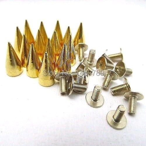 100 Sets 13MM Gold Color Metal Bullet Spike Stud Punk Bag Belt Shoes Clothes Leathercraft Cone Rivet DIY Shipping Free