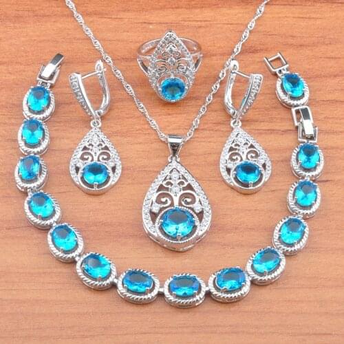 2020 New Silver plated Jewelry Sets For Women Birthday gifts Sky Blue Crystal Earrings Ring Pendant Bracelet JS0745