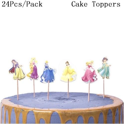 24PCS Decorate Birthday Party Cake Topper Girls Favors Belle Snow White Princess Theme Baby Shower Cupcake Toppers With Sticks