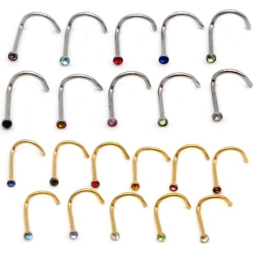 Alisouy 1pcs Hiphop Stainless Steel 2mm Tiny Rhinestone Nose Studs Hooks Bar Pin Nose Rings Body Piercing Jewelry Women studs