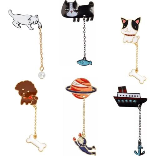 Cartoon Cat Fish Poodle Bulldog Bone Planet Astronaut Rabbit Steamship Anchor Potted Plant Brooch Pins Badge Gifts for Friends