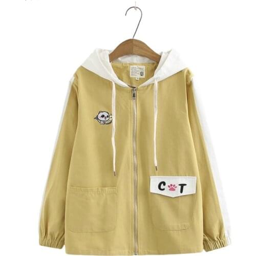 Cartoon Cat Embroidery Zipper Hooded Jacket For Women Casual Loose Cotton Jackets Double Pockets Coat Outerwear