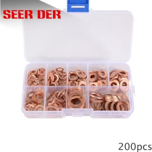 200Pcs Copper Washer Gasket Nut and Bolt Set Flat Ring Seal Assortment Kit With Box M5/M6/M8/M10/M12/M14 for Sump Plugs Water
