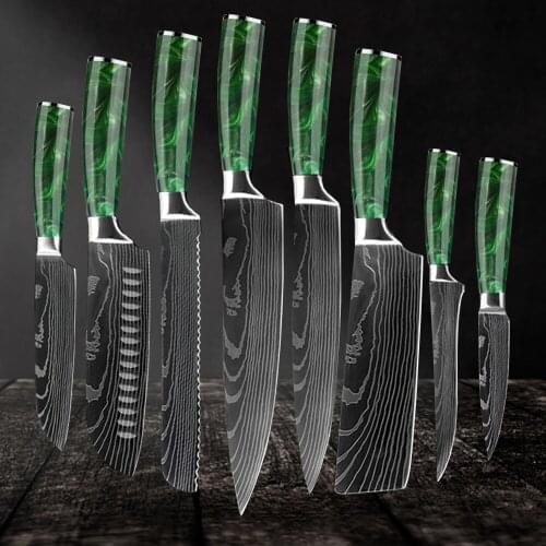 Chef knife 2/4/6/810 Pcs Set Kitchen Knives Laser Damascus Pattern Sharp Japanese Santoku Knife Cleaver Slicing Utility Knife