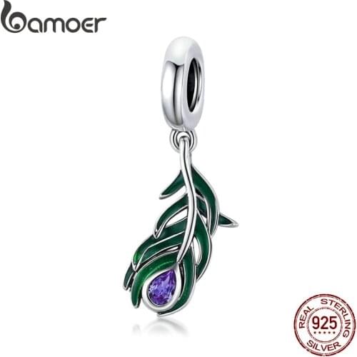 Bamoer Genuine 925 Sterling Peacock Feather Metal Charm for Original Women Silver Bracelet DIY Jewelry Making beads SCC1704