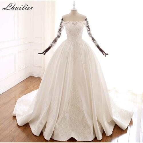 Lhuilier A-line Boat Neck Satin Wedding Dresses 2020 Full Sleeves Floor Length Beaded Lace Appliques Chapel Train Bridal Dress