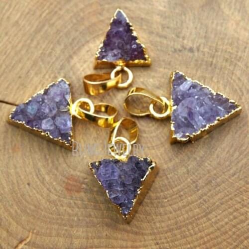 SP-071 Raw Druzy Amethysts Druzy Cluster Triangle Pendant with Gold