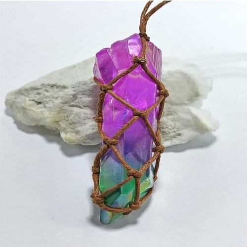 Rainbow Natural Stone Pendant Necklace Quartz Chakra Wrapped Rope Chain Long Necklace for Women DIY Weave Pendant Charms Jewelry