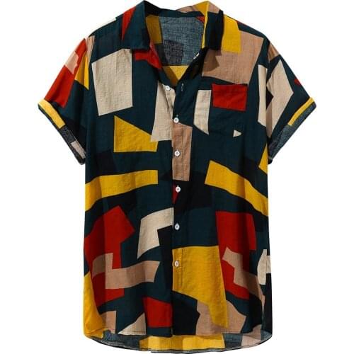 Vintage Patchwork Printed Short Sleeve Camicias Summer Comfortable Lapels Button Up Shirts Daily Wearing Hawaii Blouses Tops