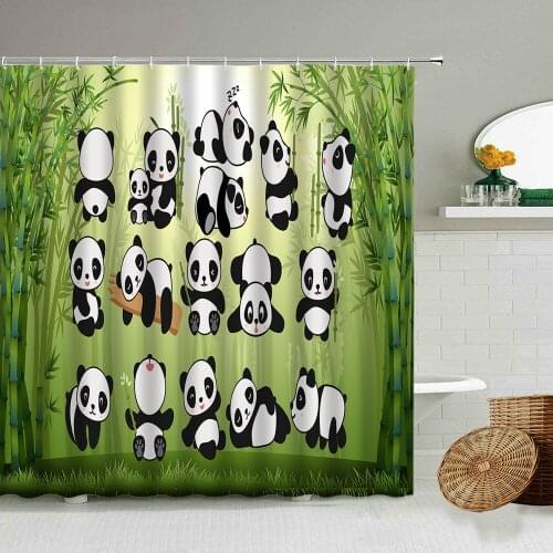 Cartoon Cute Animal Panda Shower Curtain Green Bamboo Forest Spring Children Bathroom Bathtub Waterproof Polyester Cloth Screen