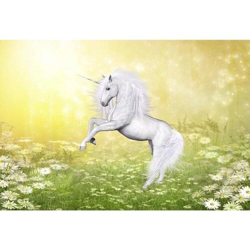 Fairy Tale World Photpgraphy Background White Unicorn Green Lawn Wild Flower Backdrop For Kids Party Photo Studio Booth Props