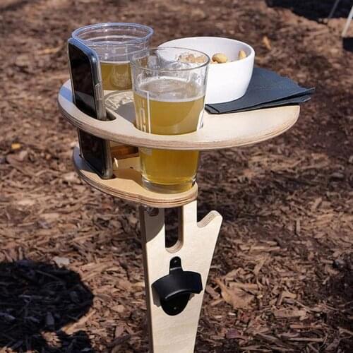 Foldable Outdoor Wine Table With Round Double-deck Desktop Wood Portable Wine Holder Easy To Carry Outdoor Travel Beach Table