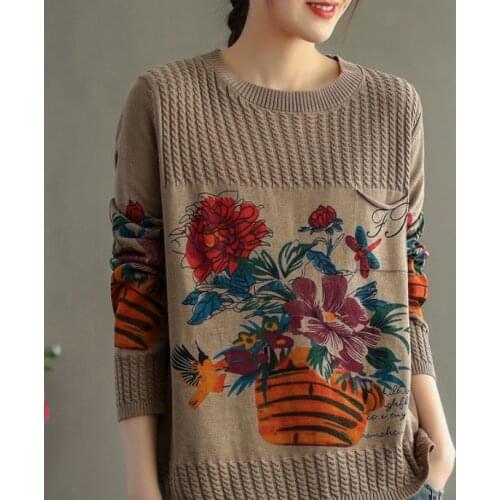 Spring Sweaters Women Indie Folk Print Loose Pocket Furcal Screw Thread Female Knit Tops Fashion