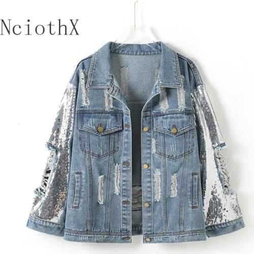 2021 Spring Autumn New Heavy Industry Sequins Denim Jacket Women Loose Jeans Coats Outwear Holes Lady Cowboy Jackets Streetwear