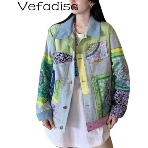 Vefadisa 2021 Autumn New Women Clothing Printed Stitching Denim Jacket Fashion Loose Denim Jacket TT158