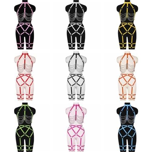 Metal Chain Accessories Womens Belt Punk Goth Dance Rave Garters Lingerie Set Leather Harness Belt Hollow Bra Adjust Waist Size
