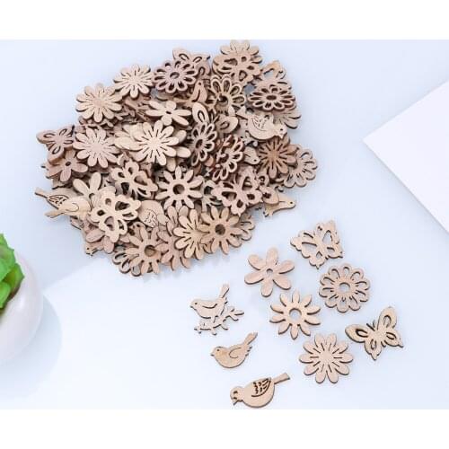 100pcs Cartoon Wooden Pieces Creative Flower Bird Natural Wood Plate Decor for DIY Crafts Making (2 Style Mixed)