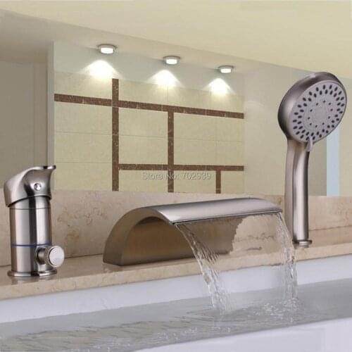 Free ship Brushed Nickel 3 pieces widespread Waterfall Bathroom Bath Roman Tub Filler Faucet W/ Hand Shower