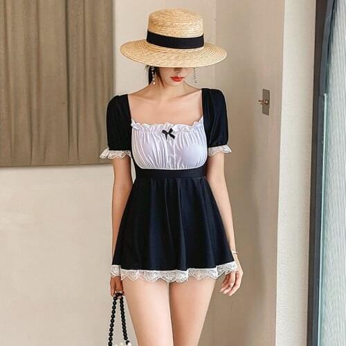 One Piece Suit Women Swimwear 2021 New Swimsuit Retro Color Neck Black Skirt Female Slim Print Polyester Sierra Surfer Swim For