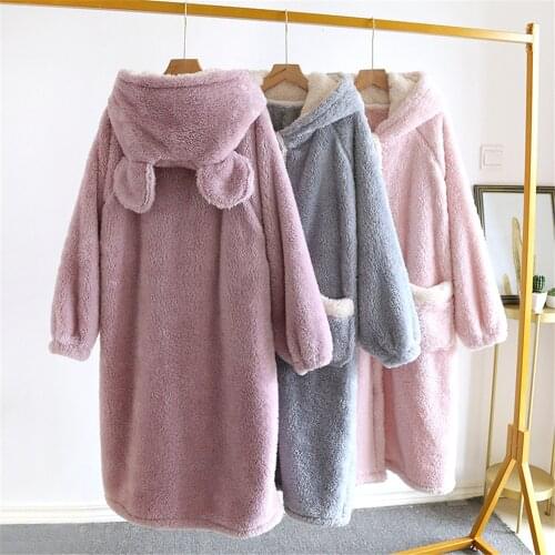 Flannel Bathrobe Womens Robe Winter Thicken Warm Sleeping Tops Sweet Cute Hooded Pyjamas Long Sleepwear Peignoirs Femme Pajamas