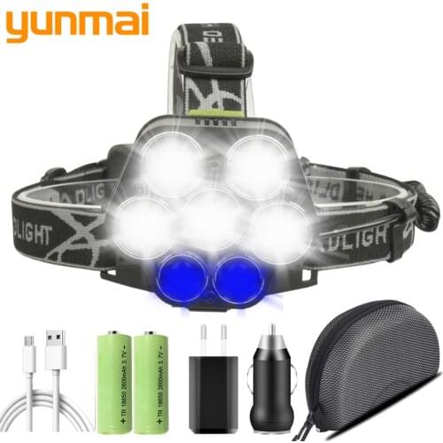 Head Lamp Led Headlamp Headlight Flashlight 2pcs 18650 Battery Bulbs & Blue Light for Fishing Litwod 7 Core Emitting Color White