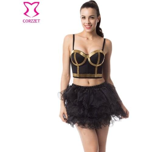 Corzzet Steamunk Beading Patchwork Black/Gold Punk Bra+Skirt Push Up Bra Set Sexy Bustiers Crop Brassiere Gothic Bra Clubwear