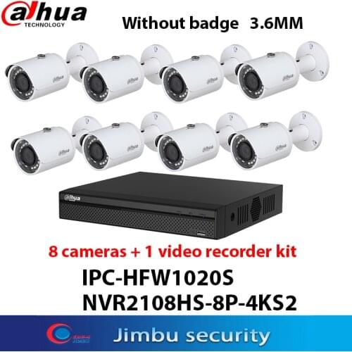 Dahua alarm system kit 1MP 8PCS HFW1020S 3.6MM nologo POE IR30M IP67 & Dahua 8CH 1PCS NVR2108HS-8P-4KS2 Video Recorder