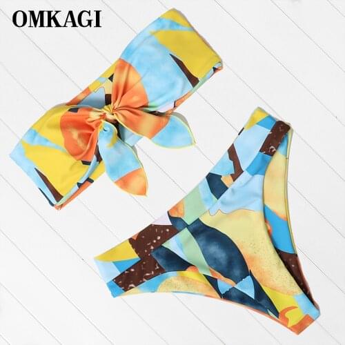 OMKAGI Bandage Bikini Women 2021 Summer Swimsuit Female Bowknot High Waist Color Block Printed Sexy Push Up Swimsuit Female